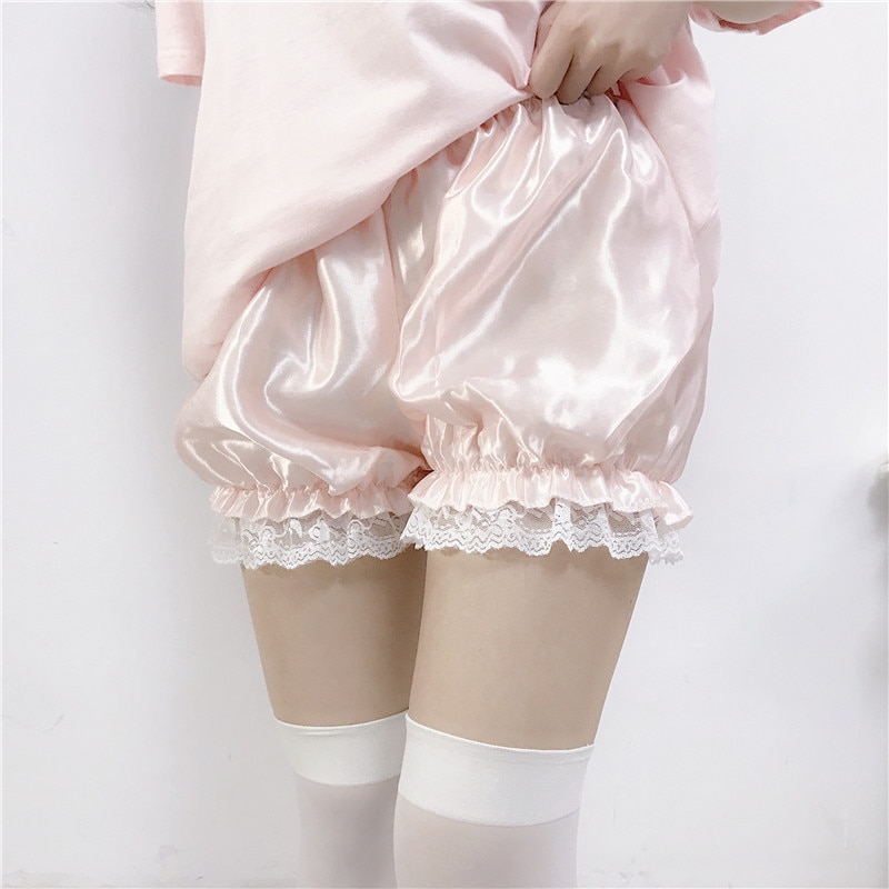 Women Elastic Waist Lace Safety Short Pants Lolita Satin Loose Safety Shorts Bottoming Culottes Basic Panties Scanties Underwear
