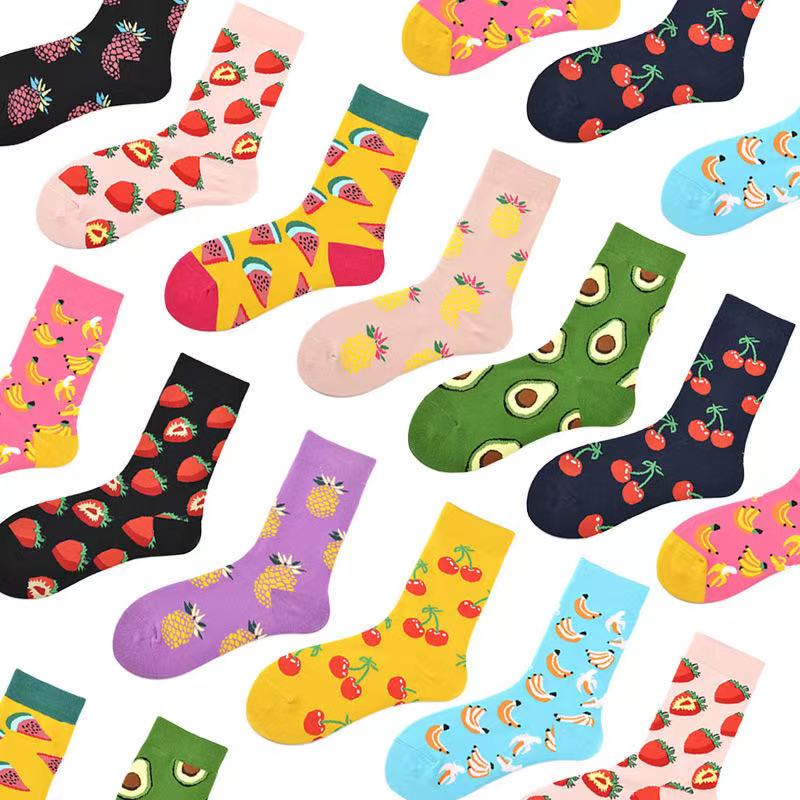 1 Pair Cotton Socks Men Women Street Skateboard Happy Socks Fruit Print Harajuku Gift Apple Pear Banana Lemon Cherry Funny Socks