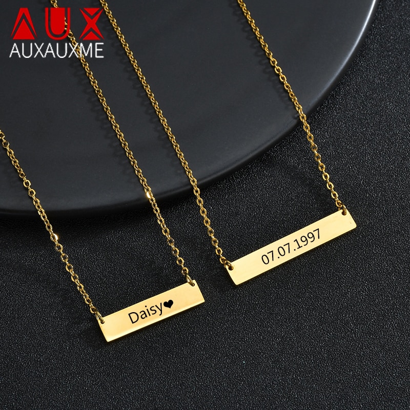 Auxauxme Custom Name Bar Necklace Gold Stainless Steel Engrave Names Date Personalized Women Jewelry Dropshiping