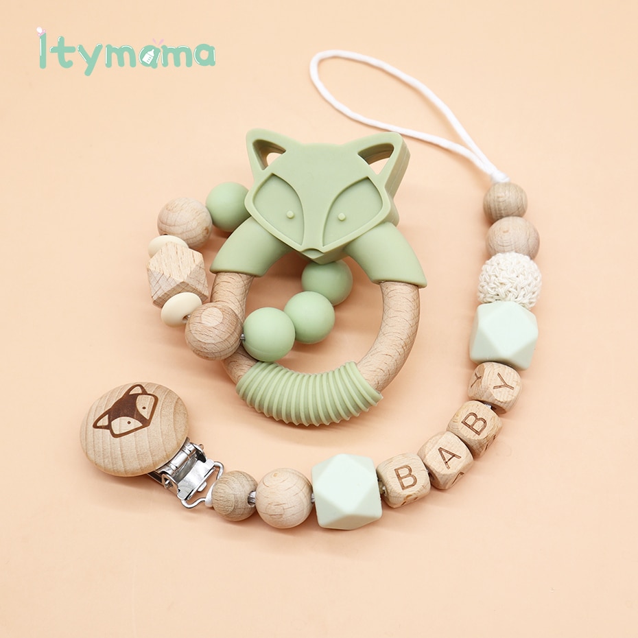 1Set Pacifier Clips Baby Toys Wooden Rattle Infant Baby Play Fox Baby Rattle Personalized Pacifier Chain Kids Silicone Teether