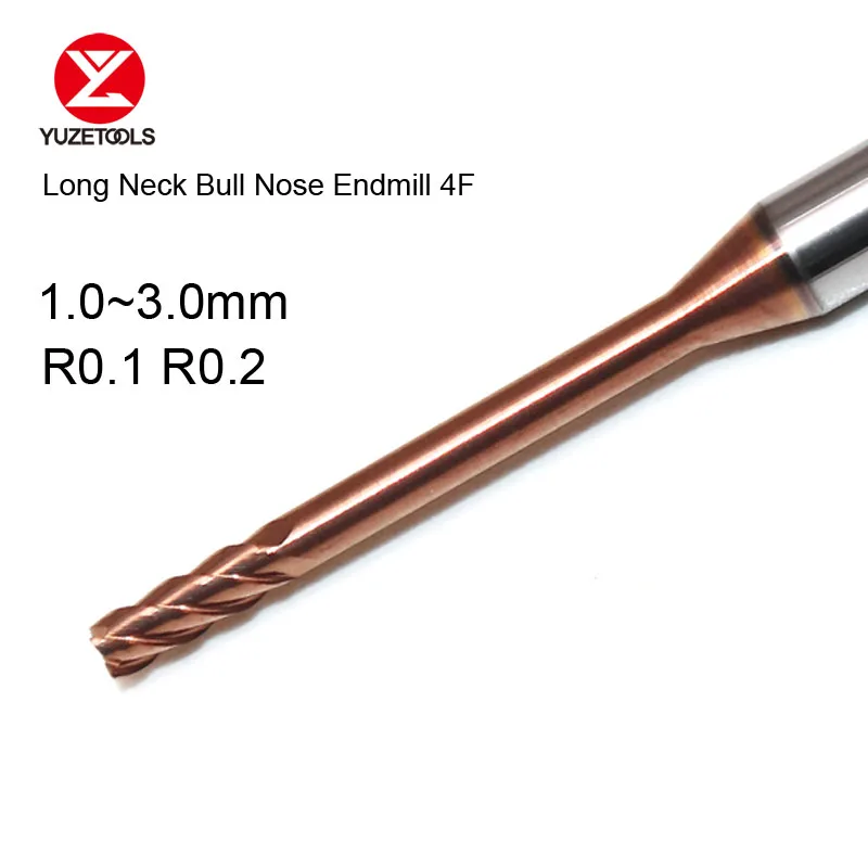 HRC60 4Flute Solid Carbide Long Neck Bull Nose Milling Cutter Deep Groove Round Endmill R-Angle