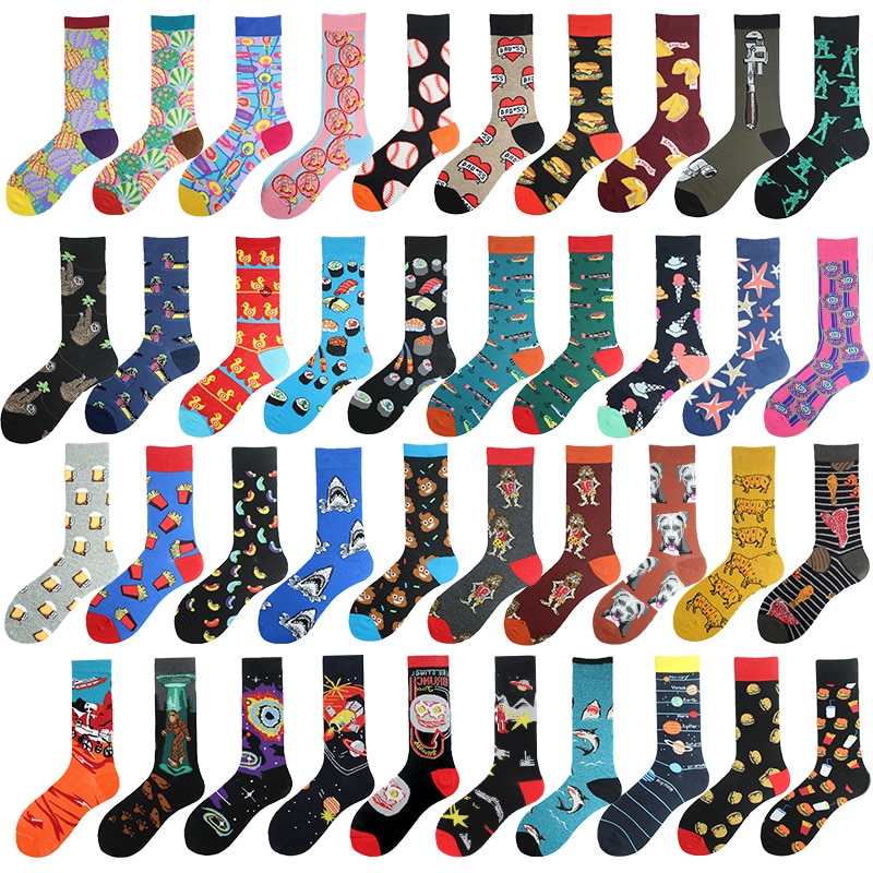 Happy Design Hip Hop Funny Socks Men Burger Sushi Shark Planet Crew Socks Harajuku Big Size Sokken Unisex Skateboard Divertidos