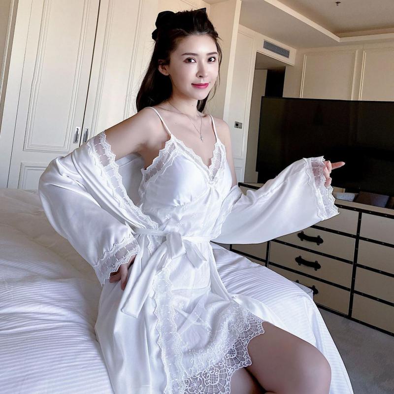White Bride Bridesmaid Wedding Robe Women Summer Nightgown Sleepwear Full Slip Lace Chemise Nightwear Loose Casual Bathrobe
