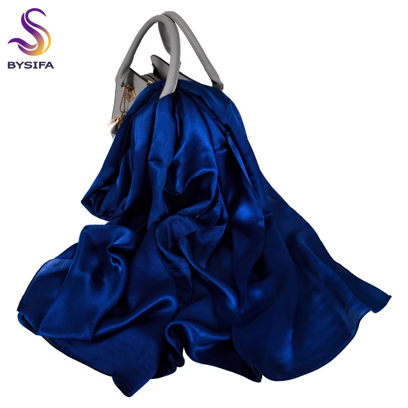 BYSIFA|Dark Blue 100% Silk Scarf Shawl Fall Winter Long Scarves Hijabs 180*70cm Spring Fall Brand