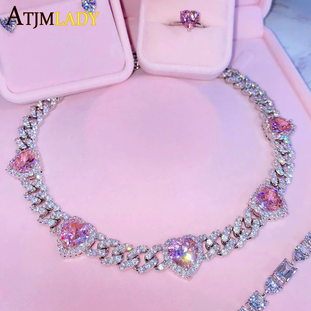 Iced Out Bling Cubic Zirconia 11mm Miami Cuban Link Chain Hearts Necklace Pink Heart CZ Charm Choker