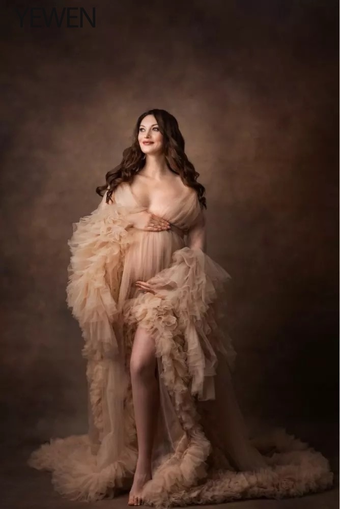 Long Sleeves Maternity Dress for Photoshoot or Baby Shower Maternity Gown Designer Shooting Dress Ruffles 2021 YEWEN