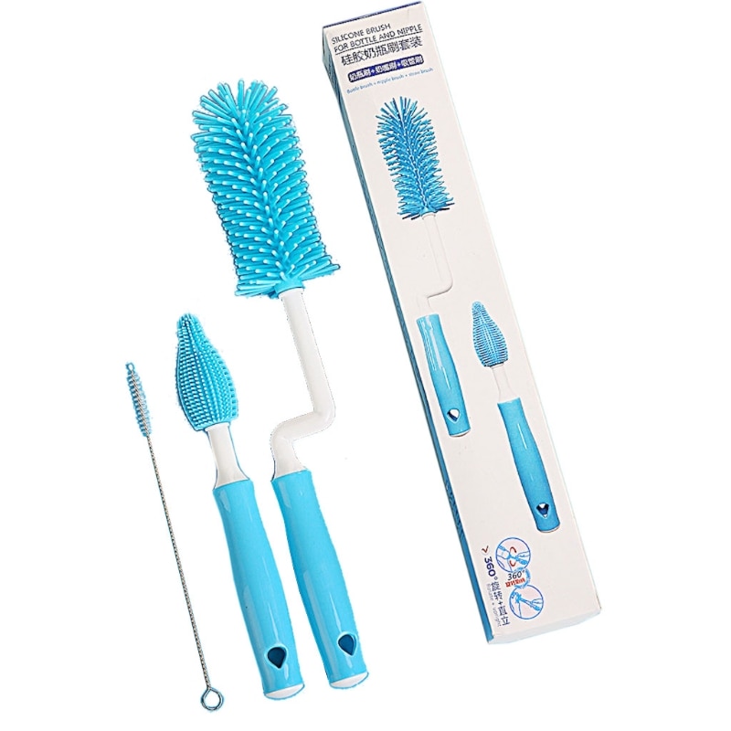 3pcs Silicone Bottle Brush 360 Degree Rotation Baby Pacifier Cup Nipple Cleaning Brushes Set A2UB