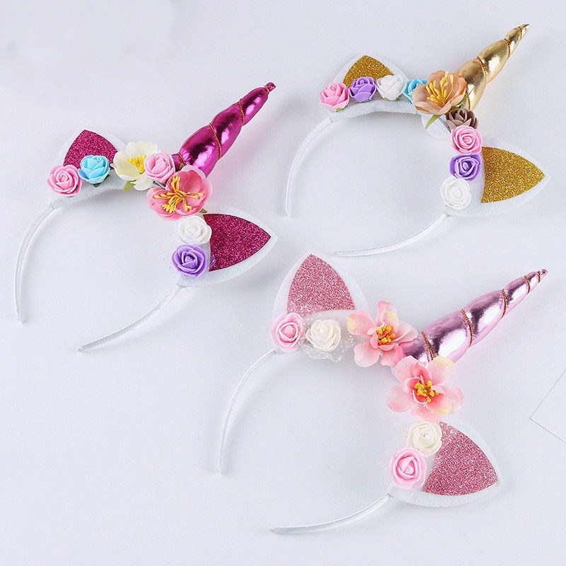 2021 1PC Cute Kids Baby Girls Unicorn Horn Hair Band Headband Birthday Party Flower Crown Headwear Baby Girls Hairbands