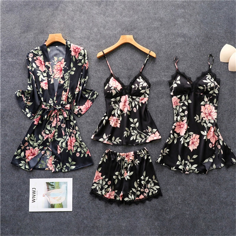 Spring Summer New Style Women Pajamas Ladies Underwear Suspenders Feminine Pajamas Fashion Nightgown Four-piece Silk Pajamas
