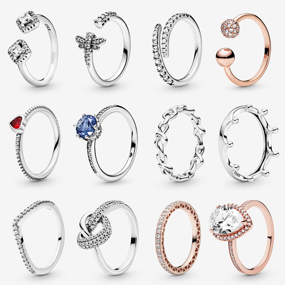 925 Sterling Silver Rings For Women Original Crown Love Heart Wishbone Engagement Wedding Rose Gold Crystal Ring Luxury Jewelry