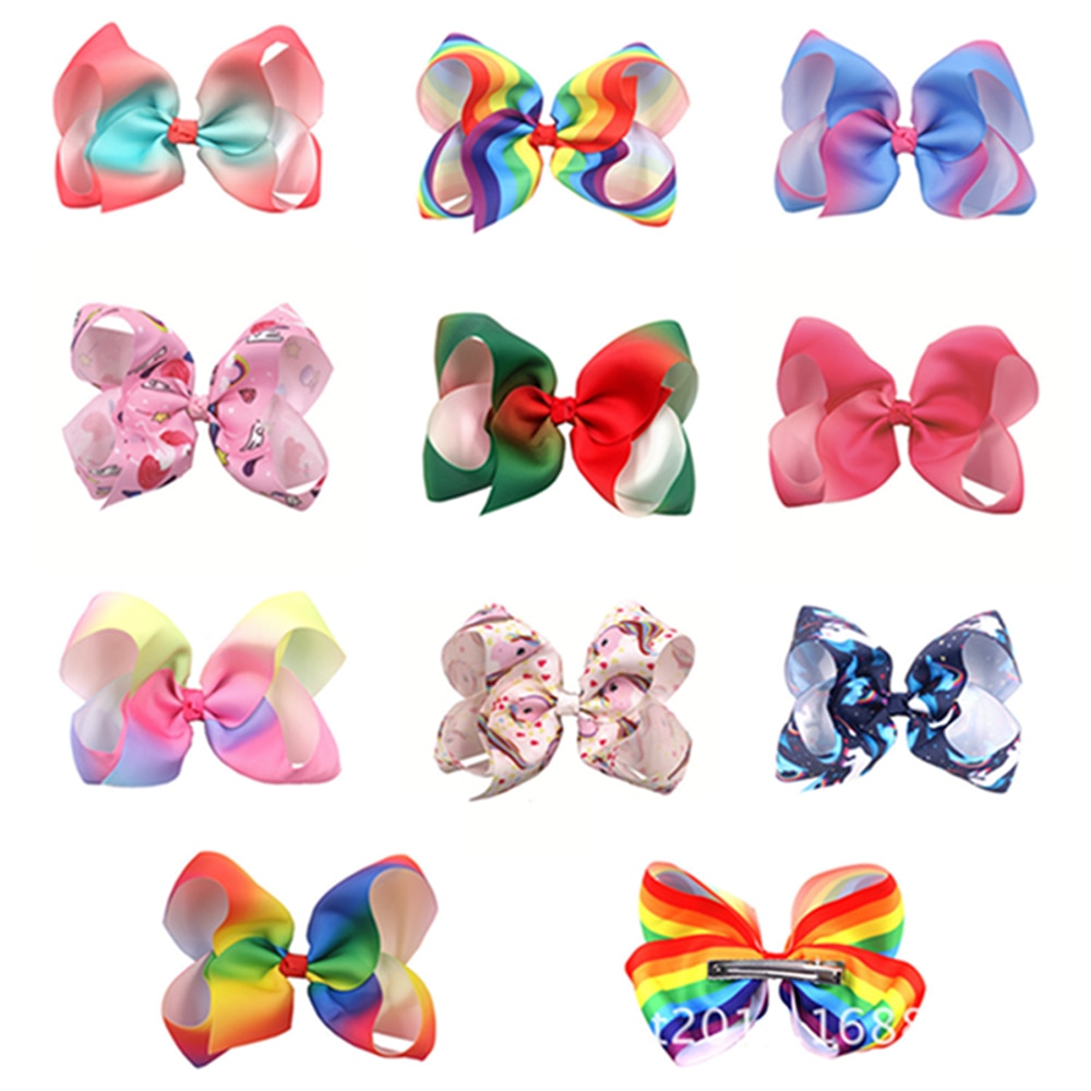 5pcs/lot Fashion Cartoon Unicorn Printed Bowknot Newborn Hair Clips Gradient Grosgrain Ribbon Bows Headwear Photography Props