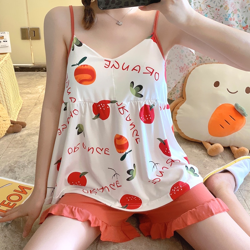 Summer Sleepwear Set New Sling Shorts Dee Sexy Pajama Set Cute Women's Home Cloth Print Pyjamas with Chest Pad Nightwear Sh