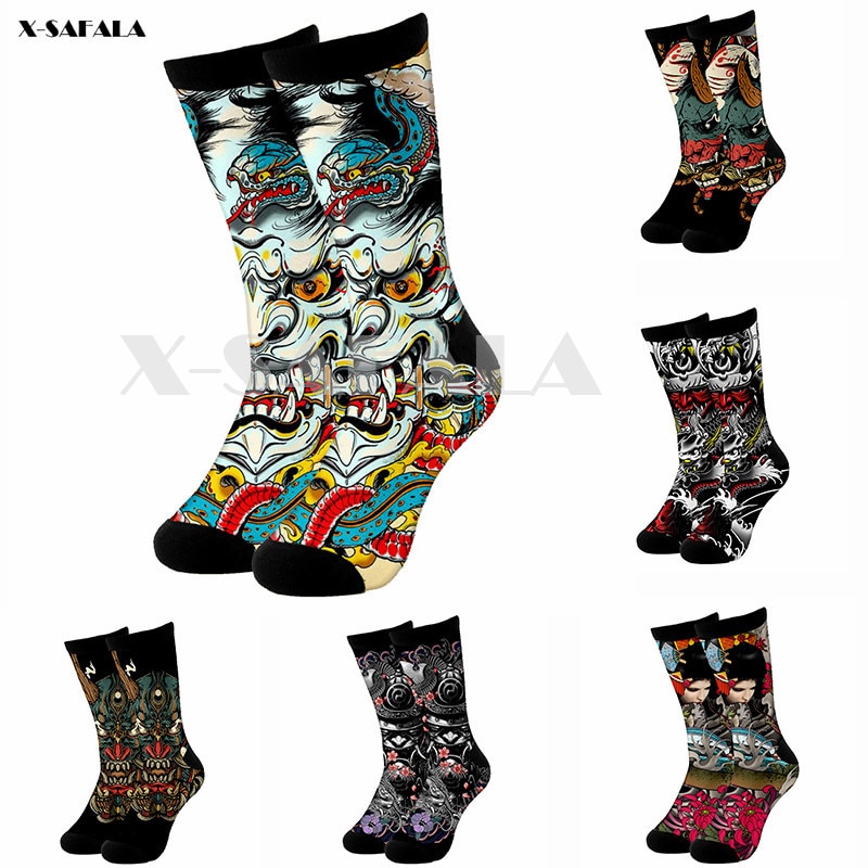 Samurai Tattoo Art 3D Fashion Long Socks Cycling Casual Novelty High Socks Men Women Cotton Funny Colorful Leg Calf Cotton-1