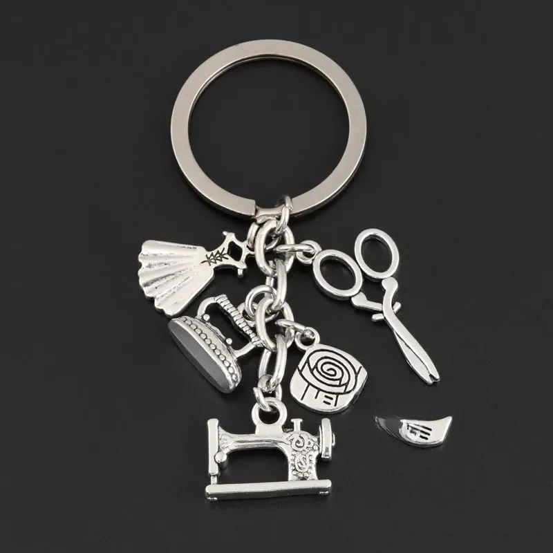 New Sewing Machine Keychain Tailor Key Ring Iron Tape Measure Scissors Dress Key Chain Women's Gift