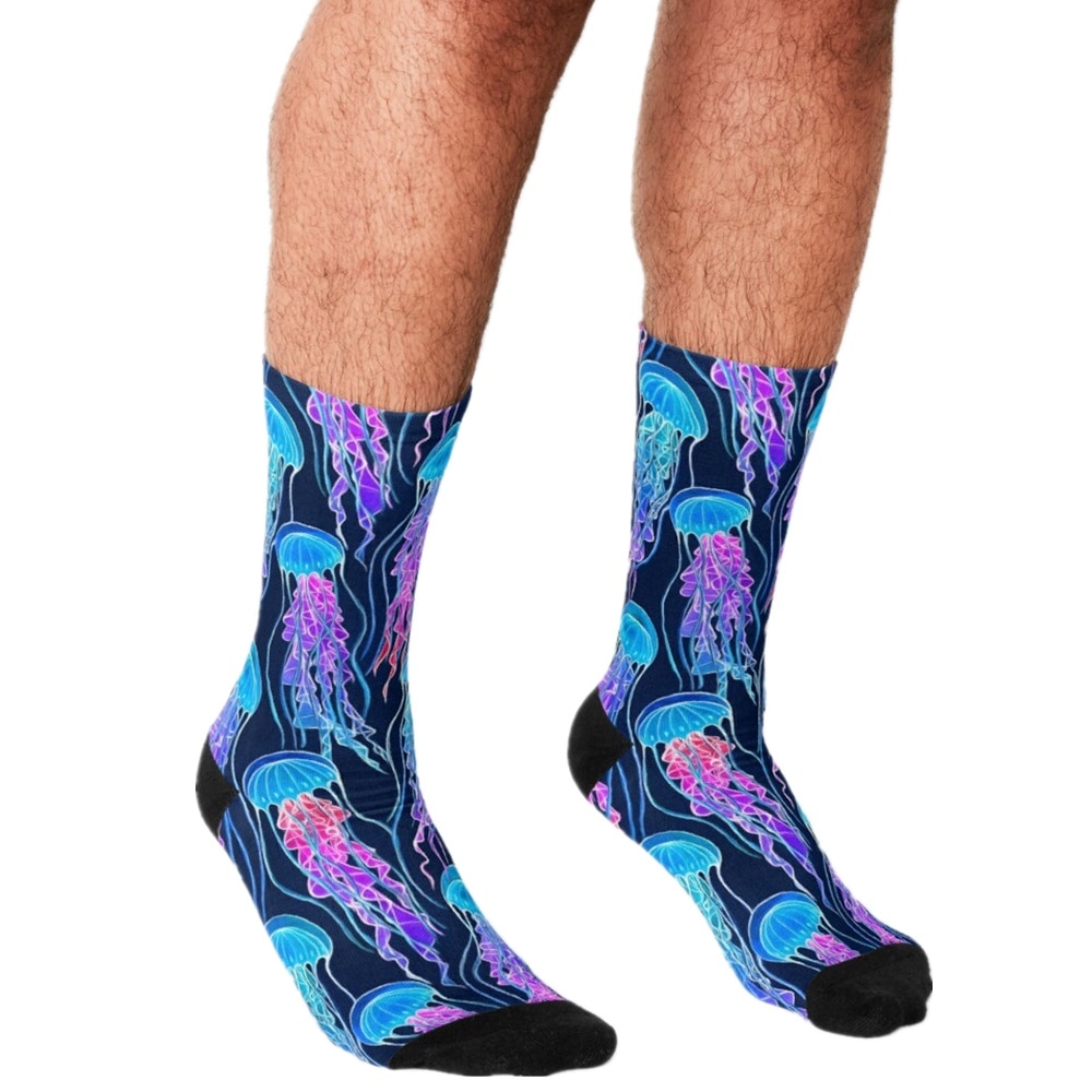 Men Socks harajuku Luminescent Rainbow Jellyfish Blue Printed Happy hip hop Novelty Skateboard Crew Casual Crazy Funny Socks