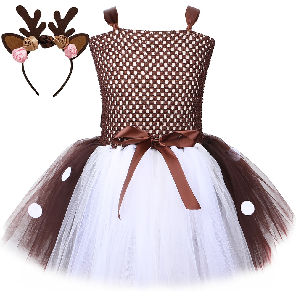 Brown Deer Costume for Girls Christmas Tutu Dress Clothes Kids Tulle Princess Dress Children Halloween Purim Reindeer Dress Up