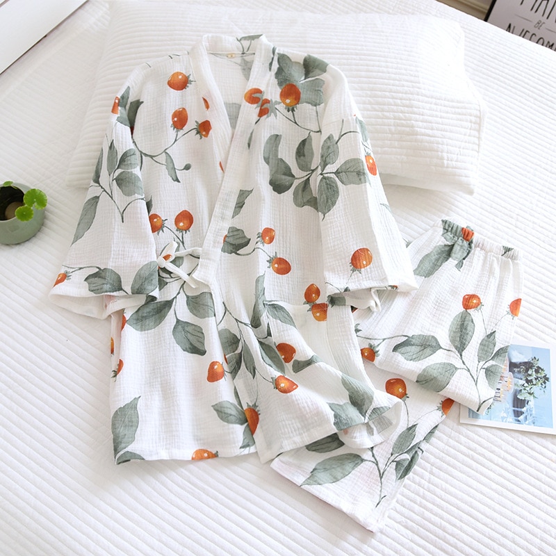 Spring/Summer 2022new Japanese kimono ladies cotton pajamas two-piece three-quarter sleeve trousers loose home service set woman