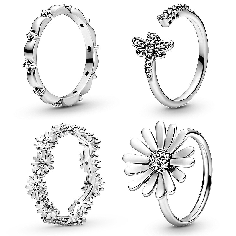 925 Sterling Silver Pave Daisy Flower Statement With Crystal pandora Ring For Women Wedding Party Jewelry