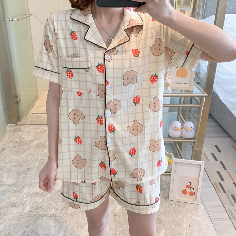 Kawaii Anime Pijamas Women 2 Piece Pajamas Set Summer Tops INS Cartoon Dinosaur Bear Bunny Leisure Wear Lolita pijama mujer 2022