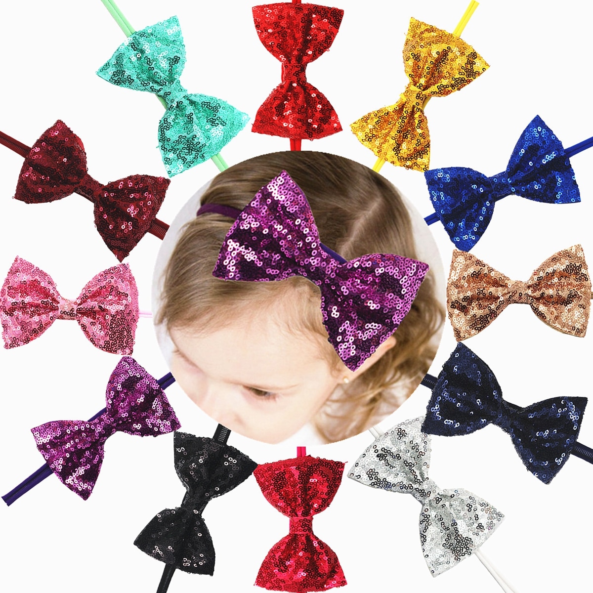 14*7 CM Solid Color Handmade Bows Newborn Elastic Hairband Fashion Sequins Bowknot Baby Girls Headband Kids Hair Accessories