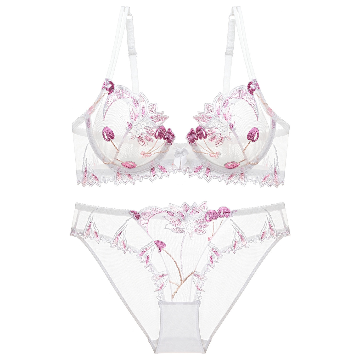 New women lingerie sets plus size sexy embroidery transparent ultra-thin adjustable flower lace bra set