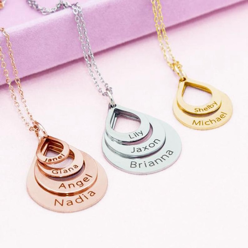 Personalized Engrave 3 Names Water Drop Pendant Necklace Gold Silver Color Customized Family Gifts for Woman Monther's Days