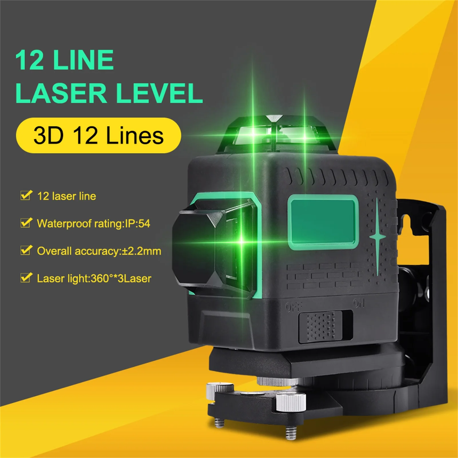 12 Lines 3D Green Laser Level Self-Leveling 360 Degrees Horizontal And Vertical Cross Lines Green Laser Line W/ Bracket Battery