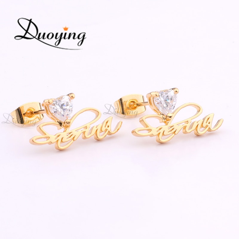 Duoying Personalized Custom Nameplate Earrings For Women Customize Initial Cursive Name Stud Earring Women Gift For Girls