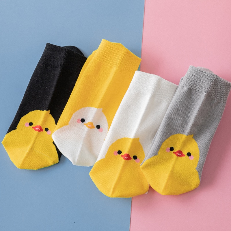 Duck Animal Print Cartoon Cute Socks Woman Calcetines Kawaii Harajuku Skarpetki Mujer Meia Calcetas Divertidos Happy White Funny