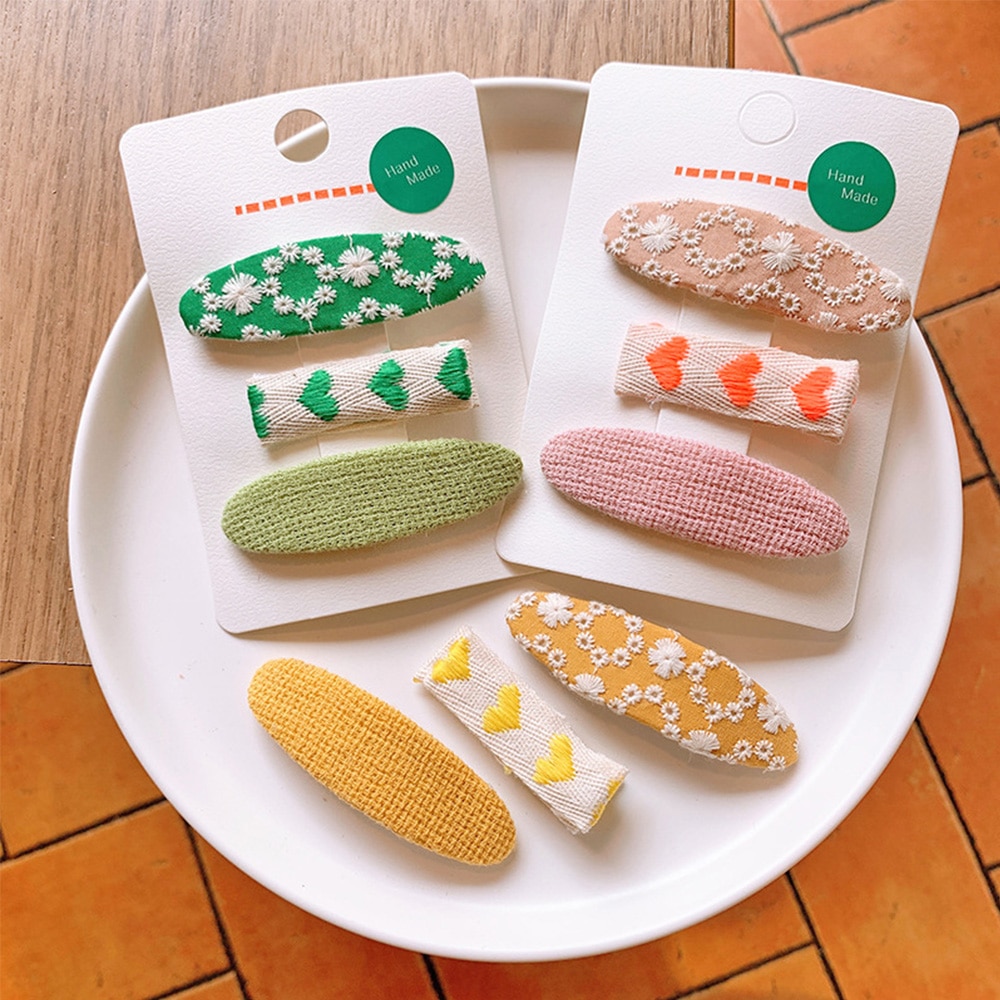 New 3Pcs/set Fabric Oval Hairpins Hair Clips Vintage Fashion Embroidery Heart Hairclip BB Clips Headwear for Girls Girls