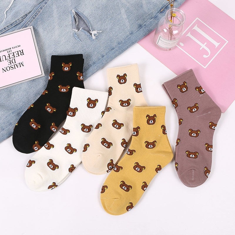 3Pairs/Pack Cartoon Casual Socks For Women Animal Bear Print Cotton Socks Lovely Breathable Students Soxs Female Soft Short Sock