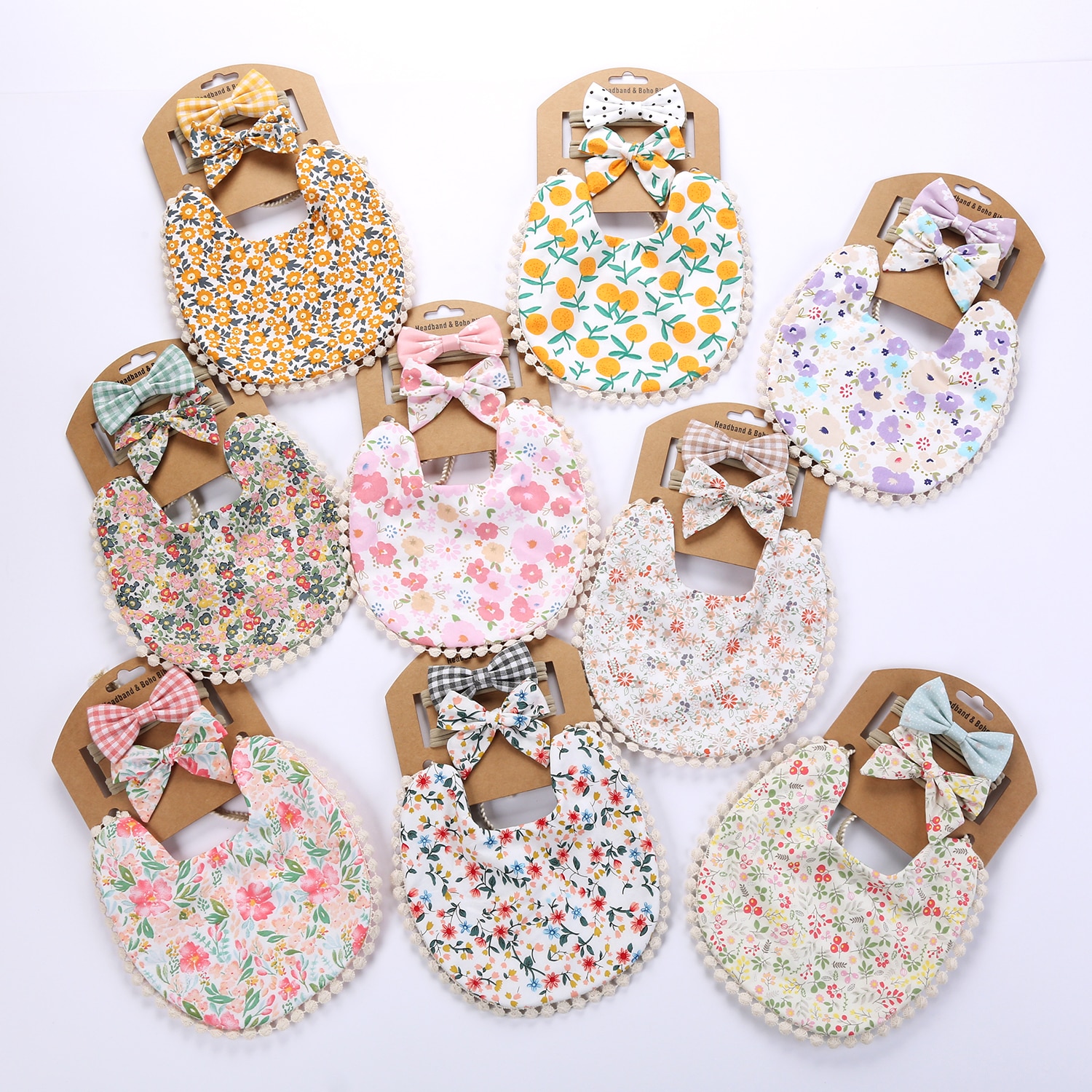 9Sets/Lot Baby Boys Girls Bibs & Headband Floral Dot Plain Print Tassel Dinner Saliva Towel Vintage Double Side Clothing Stu