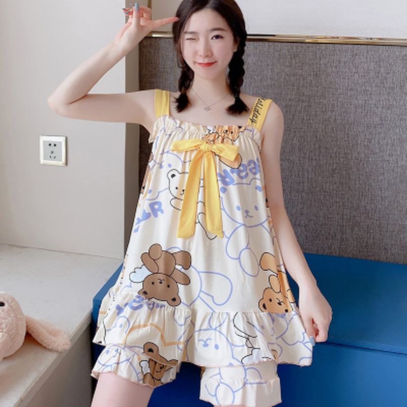 Young Girl Summer Sleepwear Shirt New Sling Shorts Dee Sexy Pajama Set Cute Women's Home Wear Print Pyjamas Young Girl Set