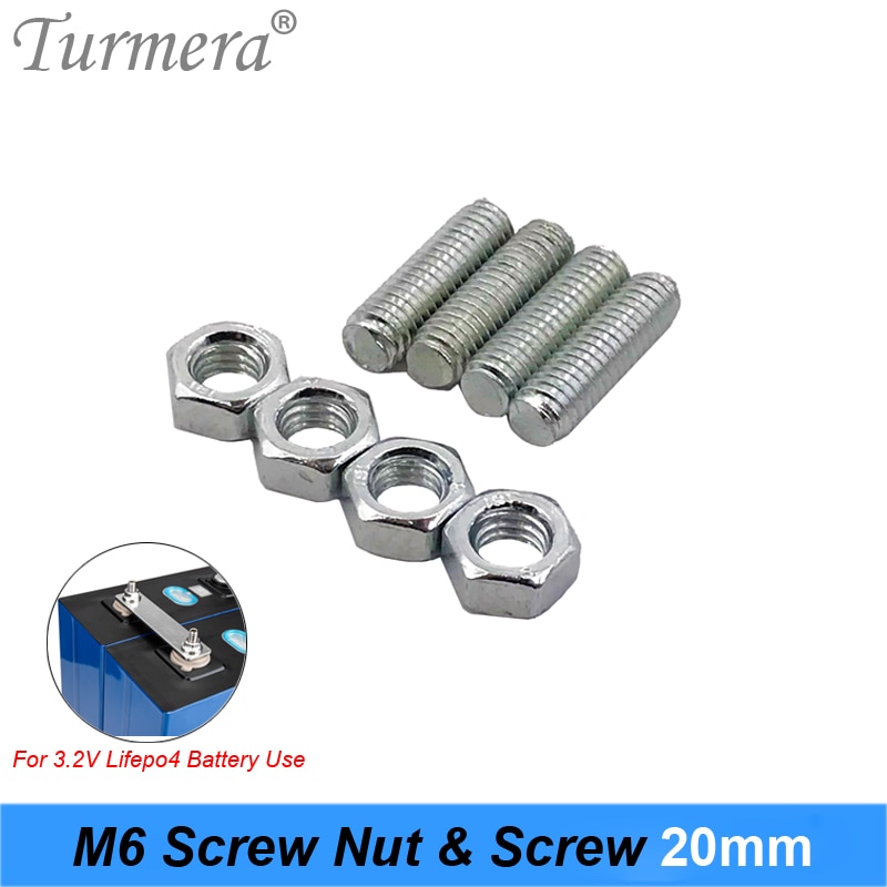 Turmera M6 Screw and Screw Nut 20mm Length for 3.2V Lifepo4 Battery 20Ah 90Ah 100Ah 200Ah 280Ah 310Ah Connect with Busbars Use A