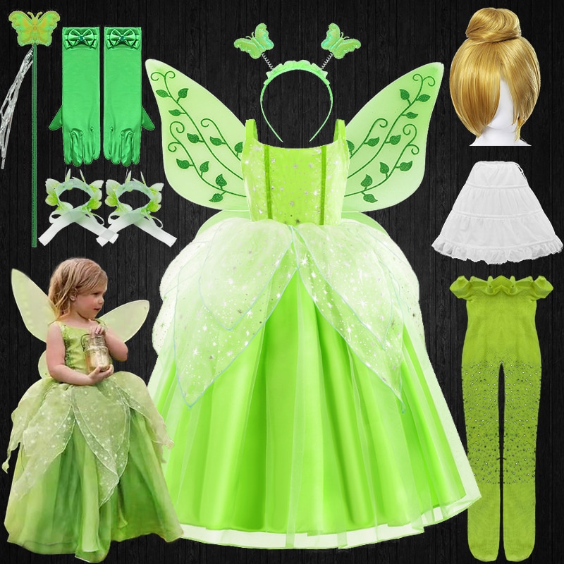 Fairy Girl Role-play Tinker Bell Tiana Dress Wings Christmas Halloween Cosplay Children Birthday Party Fluffy Green Elf Costume