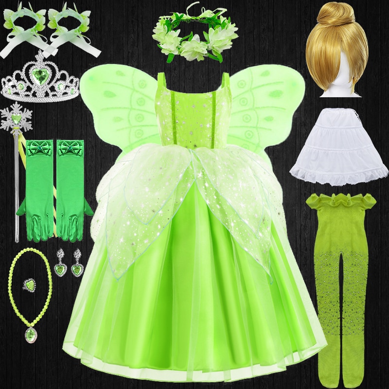 Princess and the Frog Girls Cosplay Tinker Bell Tiana Costume Fairy Elf Dress Up with Wings Evening Party Toddler Tulle Dresses