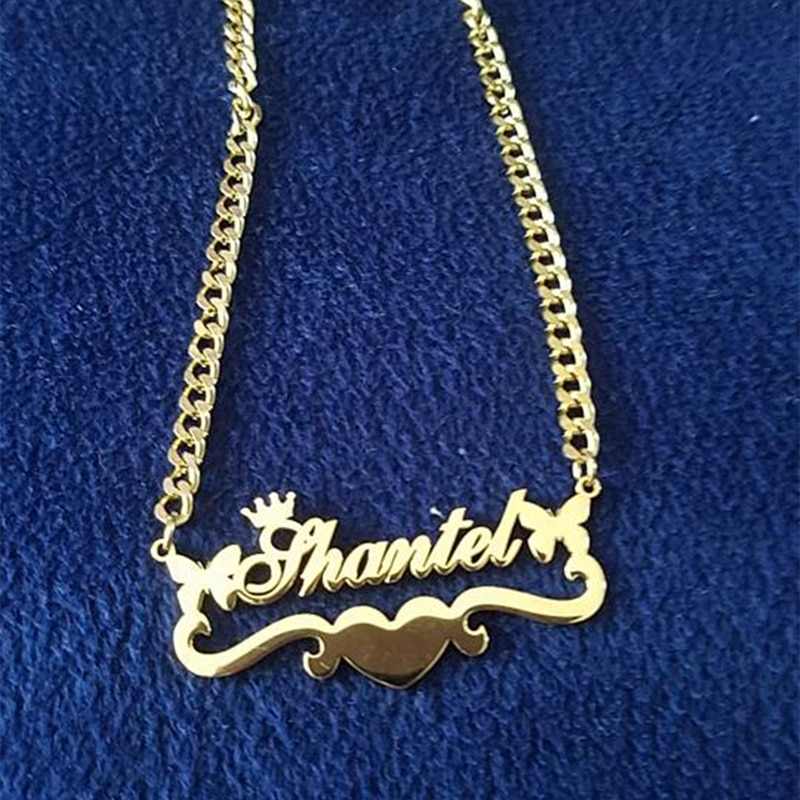 Custom Butterfly Name Necklace With Heart Ribbon Stainless Steel Crown Nameplate Pendant Necklace Women Best Gifts Jewelry
