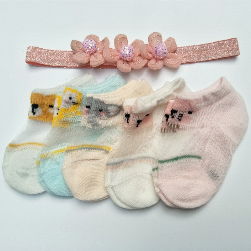 Fashion Cartoon Pattern Baby Boat Socks and Colorful Flower Hairband Set Newborn Breathable Anti-slip Sock Cute Elastic Headband