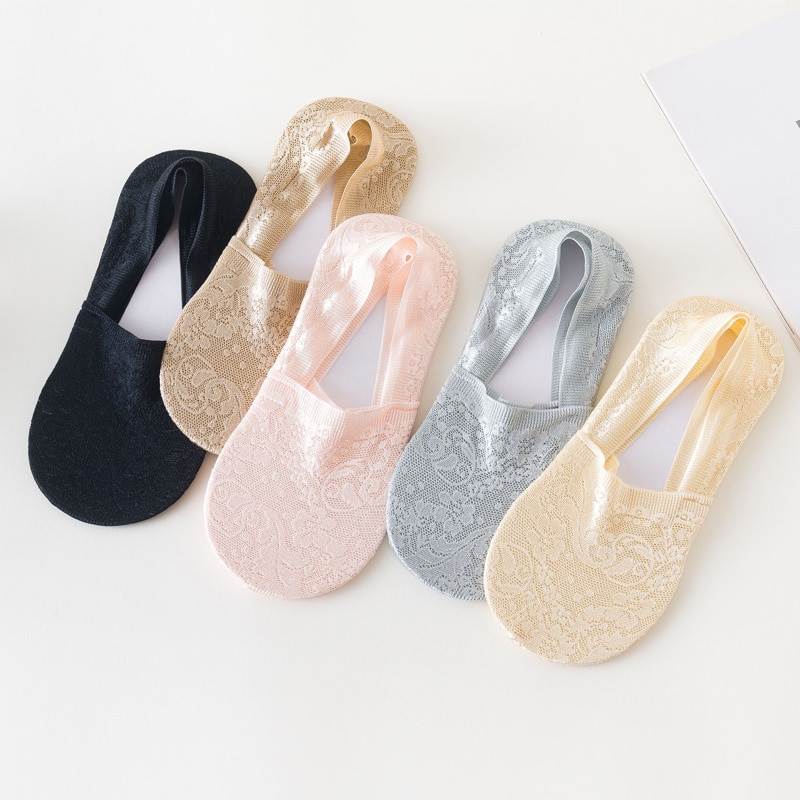 4 Pairs/lot Women Sexy Lace Summer Socks Ice Silk Flower Low Cut Girl Fashion Invisible Anti-slip Lace Ankle Socks Pack Set Pink