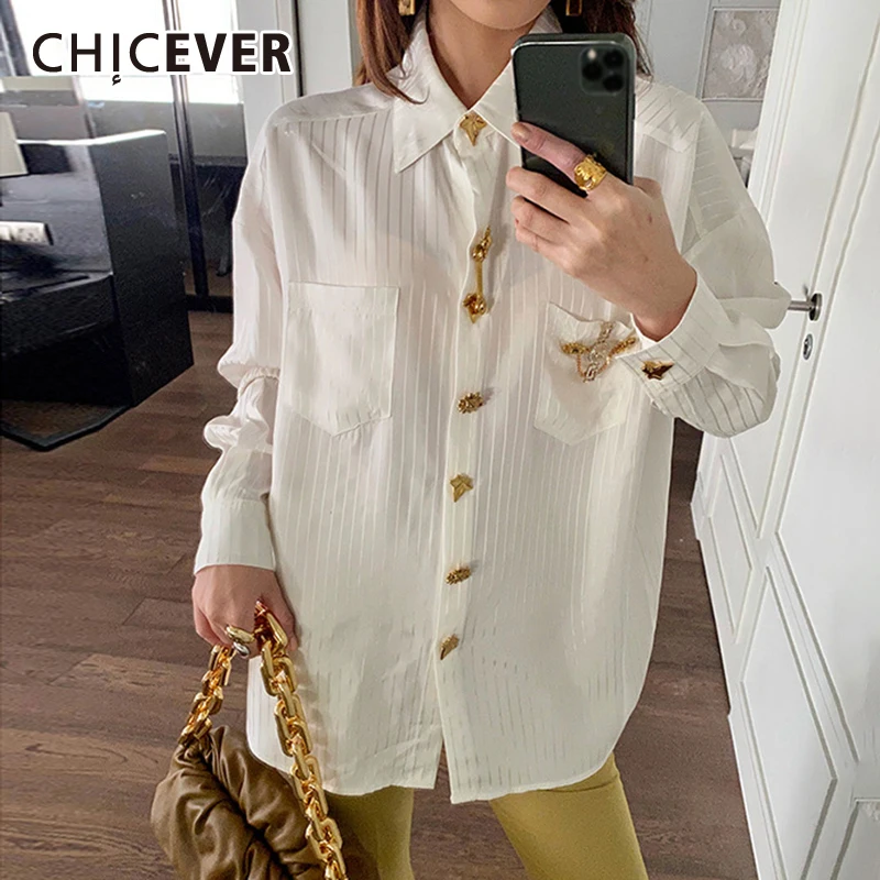 CHICEVER Casual Ruched Diamonds Striped Shirt For Women Lapel Long Sleeve Loose Blouse Female 2021