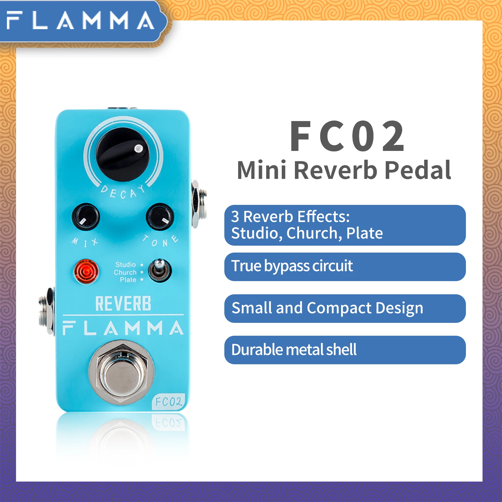 FLAMMA FC02  Electric Guitar Pedal Reverb Effects Pedal with Studio Church Plate Effects True Bypass