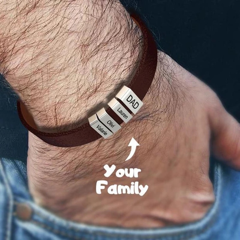 PolishedPlus Customized leather bracelet for men stainless steel Engrave Family Name Id Tag For Dad Father's Day Gift