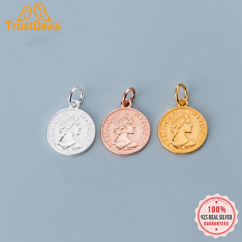 TrustDavis Real 925 Sterling Silver Pendant Fashion Sweet Round queen coin Charm Handmade DIY Accessories Jewelry DZ317