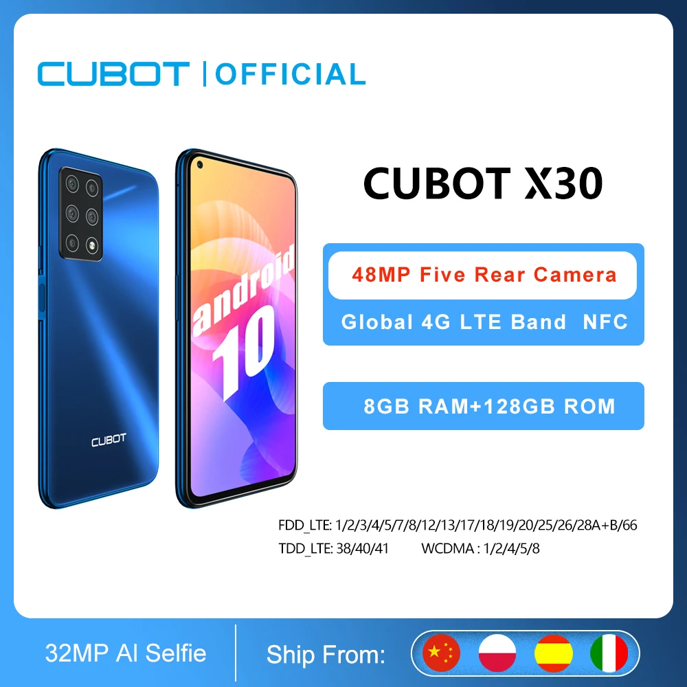 8GB Smartphone Cubot X30 NFC 48MP Five Camera 32MP Selfie 128GB ROM 6.4" FHD+ Fullview Global Version Helio P60 Mobile Phon