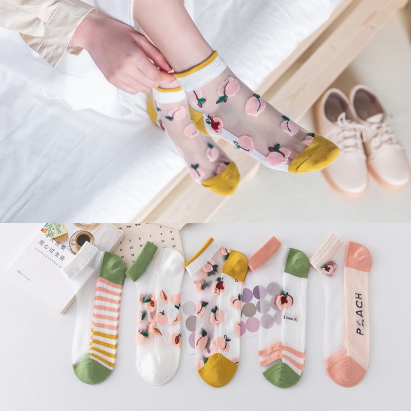 5 pair female summer ins fashionable glass silk crystal female socks peaches transparent and thin ship socks with cotton bottom