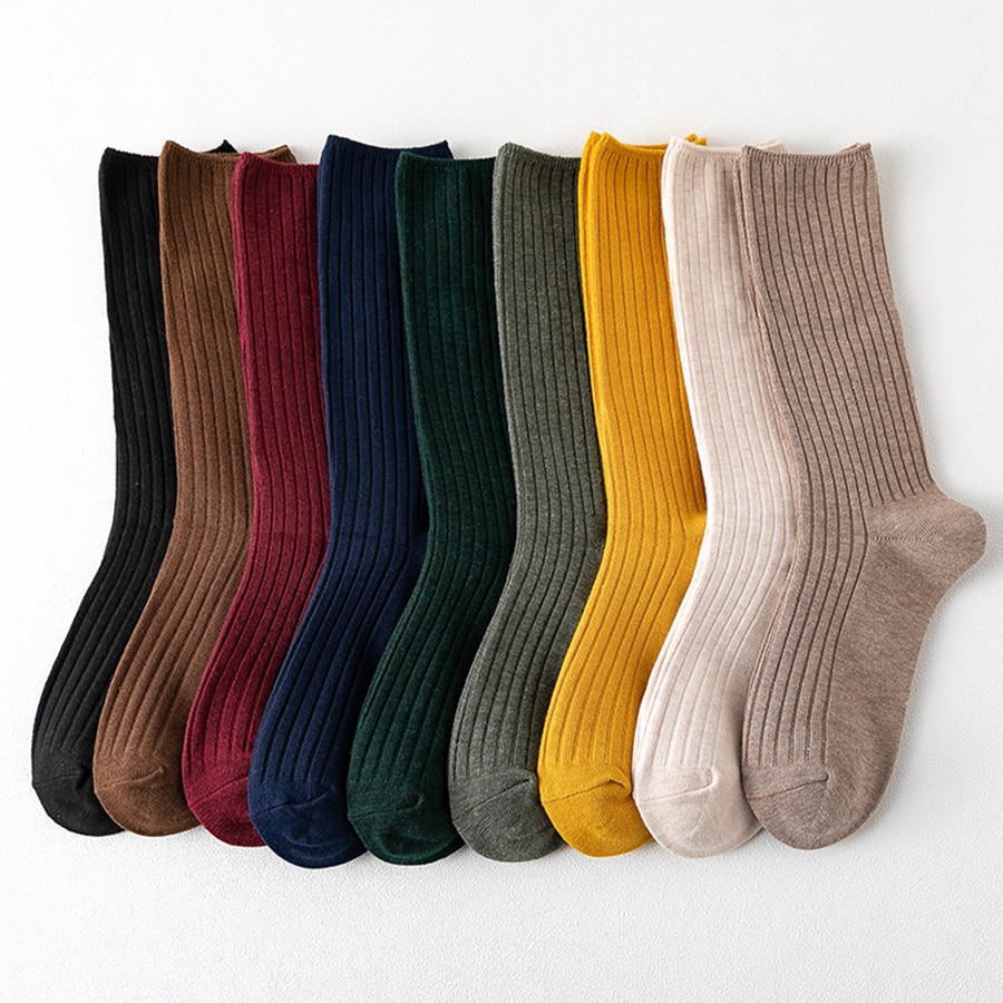 Cotton Crew Socks for Women 9 Solid Colors Black Beige Yellow Khaki Brown Double Needle Craft Casual Spring Summer Autumn Style