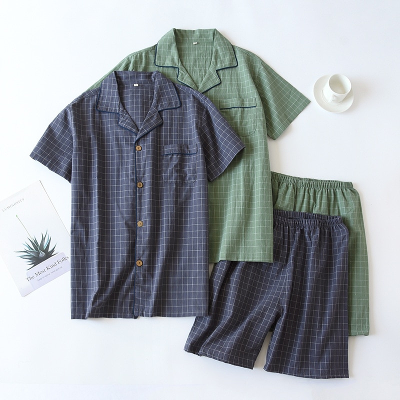 Men's Pajamas Summer Thin Short-sleeved Shorts Washed Cotton Simple Japanese Plaid Home Service Suit Pantalon Pijama Hombre