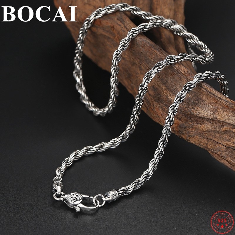 BOCAI S925 Sterling Silver Necklace Vajra Pestle Six Syllable Mantra Woven Ropes Chain Men's Pure Argentum Charm Neck Jewel