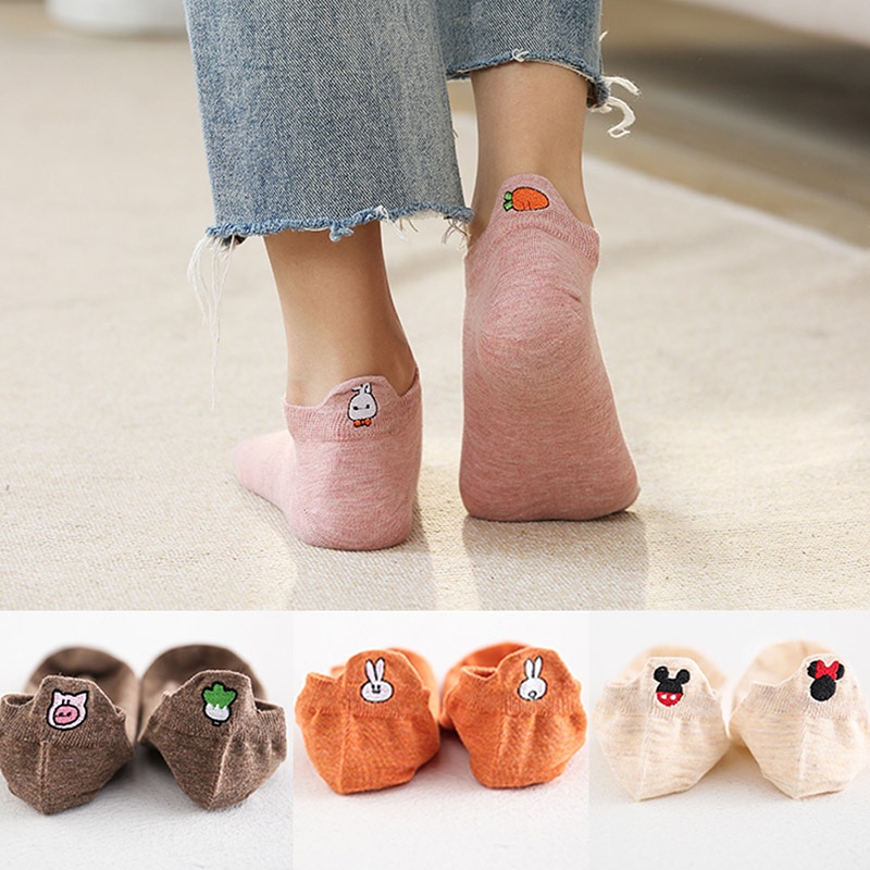 4 Pairs Korean Style Socks Women Cotton Cartoon Embroidery Low Cut Ankle Socks Smile Happy Socks Casual Cute Short Funny Sock