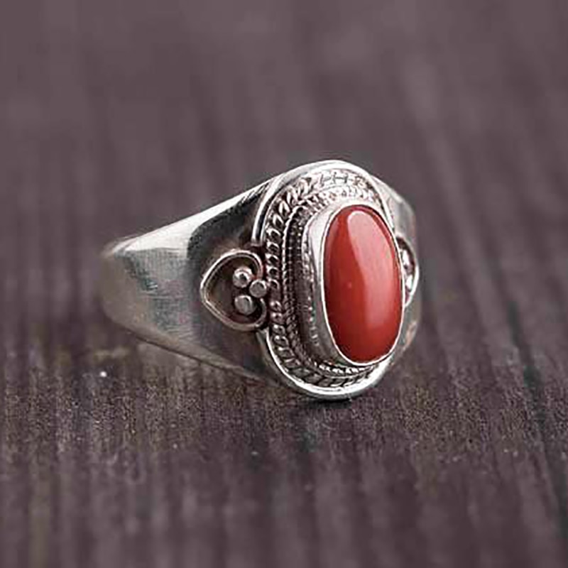 Unique design Nepal handmade silver inlaid southern red tourmaline opening adjustable ring retro ethnic style ladies jewelry